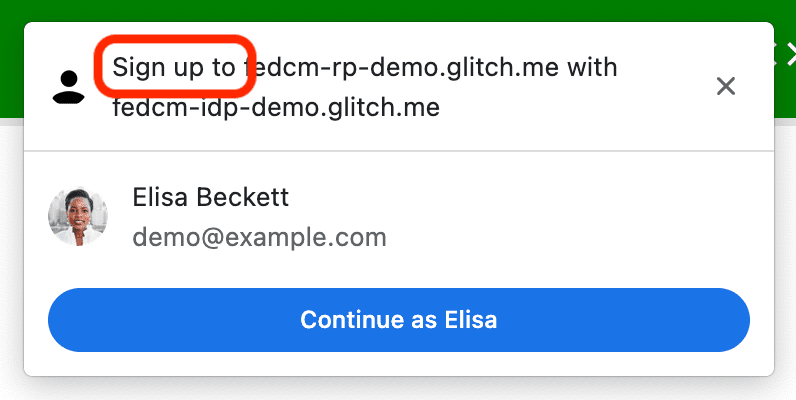 FedCM 对话框已渲染，其中包含 