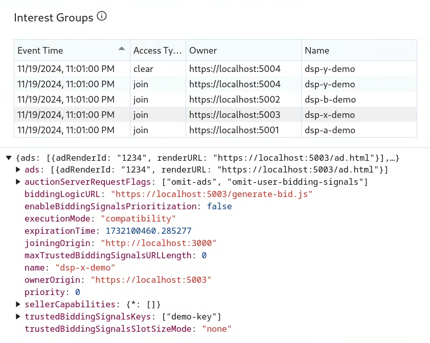 A screenshot of interest groups in Chrome DevTools.